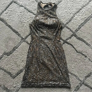 Scala sequin tan nude gray mini dress high neck prom wedding 0